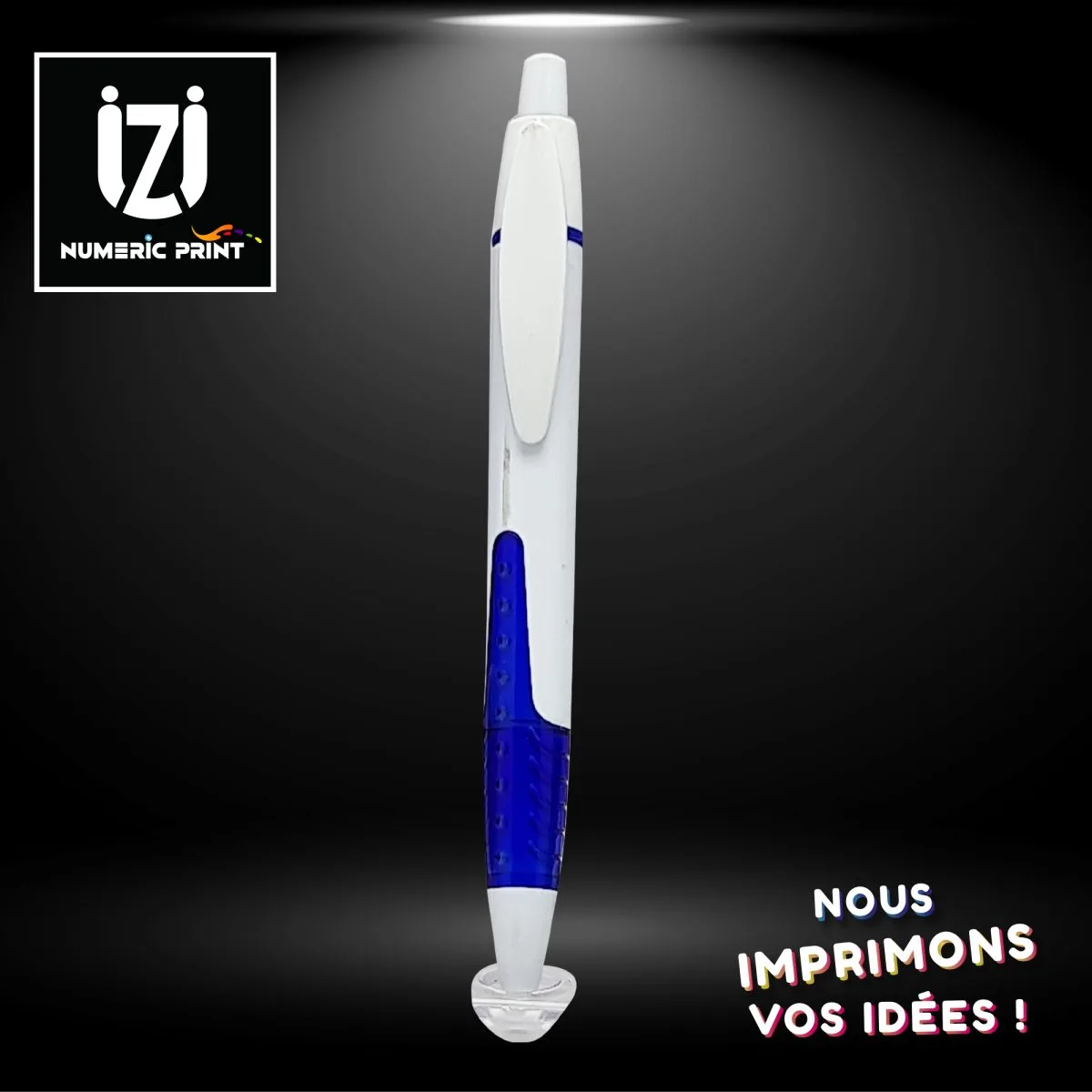 Stylo plastique Blanc Bleu à Pression