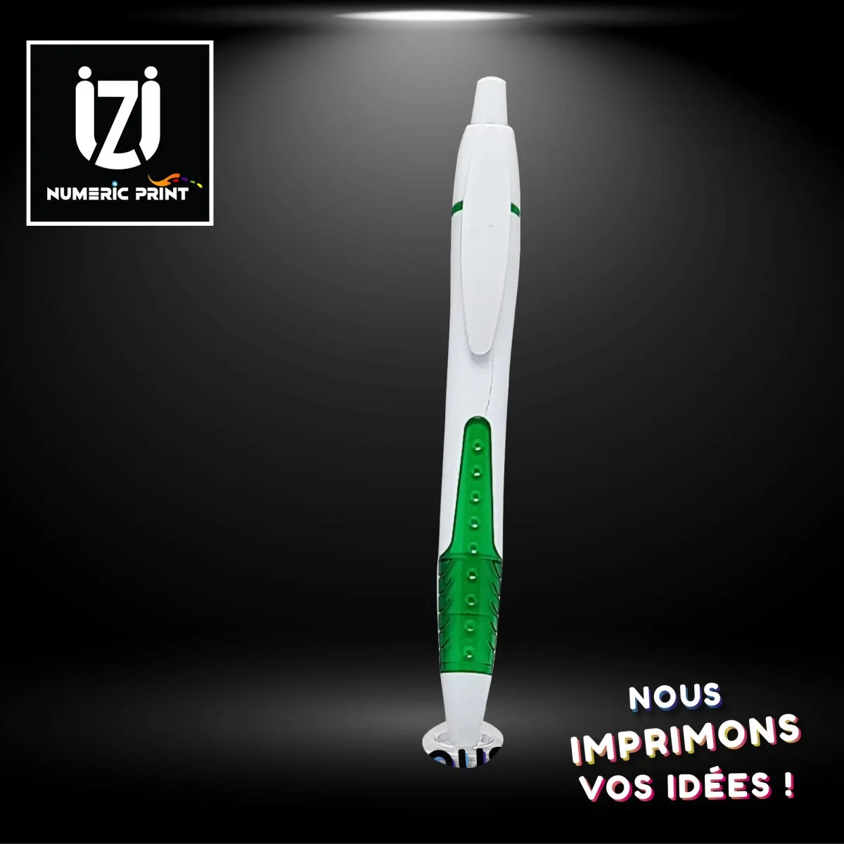 Stylo Plastique blanc vert à pression